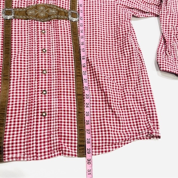 Trachten German Oktoberfest Red Checkered Long Sleeve Button Down Shirt - Picture 6 of 8
